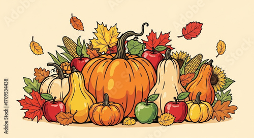 Autumn Harvest Illustration with Pumpkins, Apples, and Fall Leaves