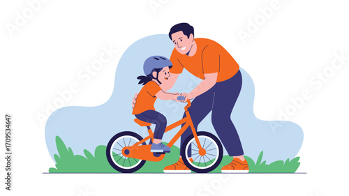 A father helping his daughter learn to ride a bicycle outdoors on a sunny day with green grass and blue sky