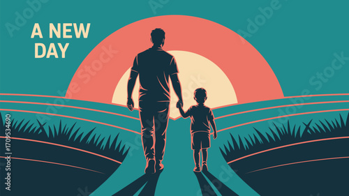 Silhouette of father and son holding hands walking towards the sunrise in a field illustration