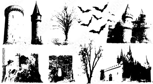 Castle and tower silhouettes in a spooky scene. Featuring bats and trees, this vintage vector illustration captures a dark and gothic atmosphere.