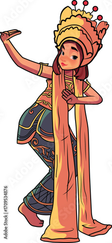 Beautiful Balinese Dancer in Traditional Costume Cartoon Illustration