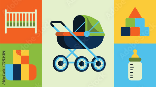 A flat illustration of baby items including a crib, stroller, blocks, and a bottle on colored squares