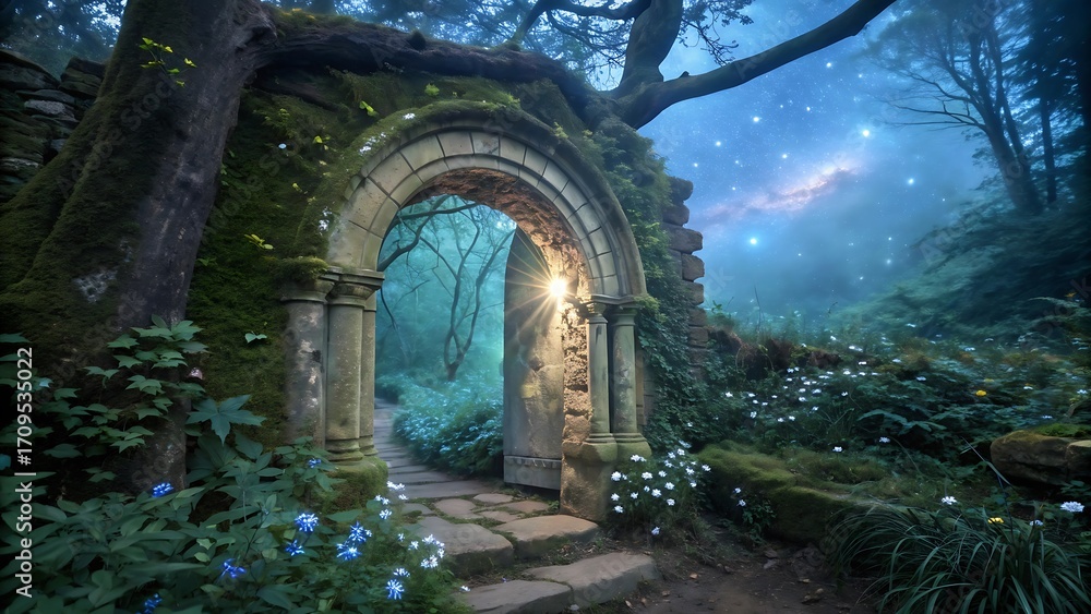 Obraz premium An ancient stone archway leads to a medieval church nestled in a serene forest