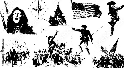 Flag and revolutionary figures represent American history and patriotism. A vector illustration of a crowd rallying for freedom and victory.