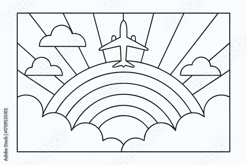 Line Drawing of Airplane Flying Over Rainbow and Clouds aircraft flight
