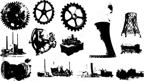 Vintage industrial machinery and equipment illustrated in black and white. The vector illustration showcases gears and mechanical structures in a detailed set.