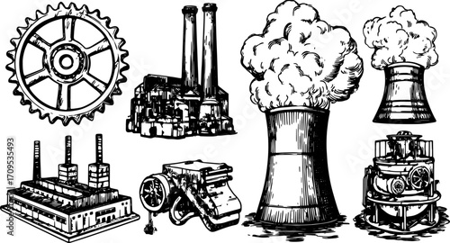 Industrial gear and machinery in vintage illustration style. Detailed vector set depicting engines, factories, and smokestacks showcasing industrial concepts.