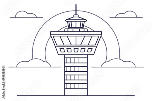 Outline Drawing of an Air Traffic Control Tower with Clouds Keywords: air traffic control tower, airport