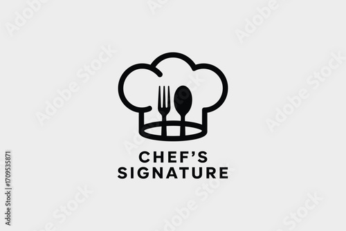 A minimalist logo featuring a chef's hat with a fork and spoon inside, labeled chef's signature below it