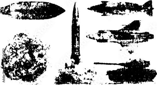 Military weapons and vehicles including missiles, tanks, and planes in a monochrome vector illustration set. Features flat and simple designs.