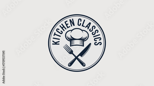 A logo featuring a chef's hat, crossed fork and knife, and the words kitchen classics inside a circle
