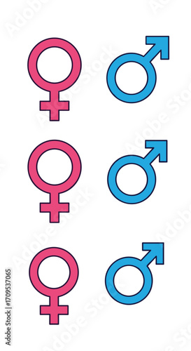 Three female and three male gender symbols arranged vertically.