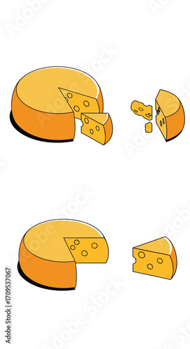 Various types of cheese with holes are presented on a white background.