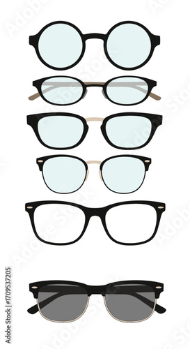 A collection of various eyewear styles including round oval and rectangular frames.