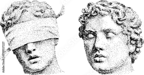Classical head sculpture illustration in monochrome. Detailed vector illustration emphasizing heritage and culture, presented in a fine art style.