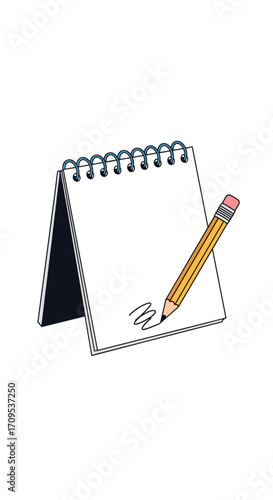 A simple drawing of a notebook with a pencil writing.