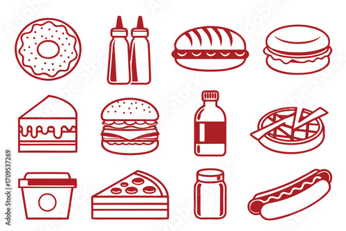 Red Outline Icons of Fast Food and Desserts on White Background donut ketchup bottle