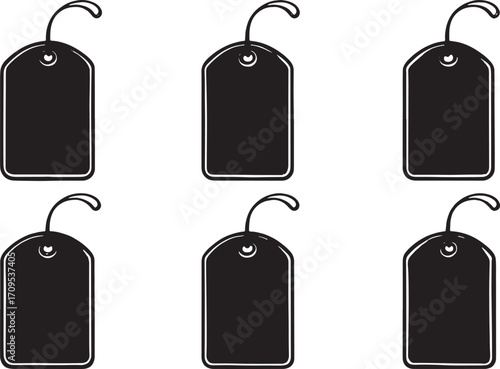 “Blank Price Tags Vector – Black Label Templates with Strings for Sale, Discount, and Branding”