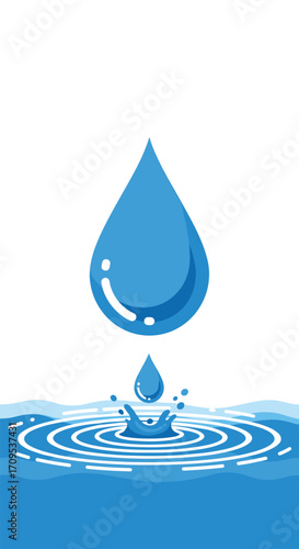 A single drop of water creates ripples in a calm blue surface.