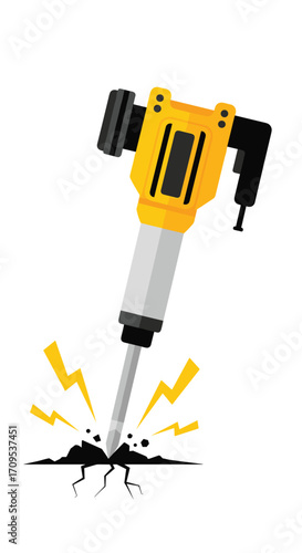 Heavy duty jackhammer breaking concrete for demolition and construction.