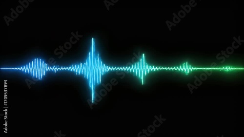 A vibrant digital audio waveform visualization with blue and green color gradients against a black background.