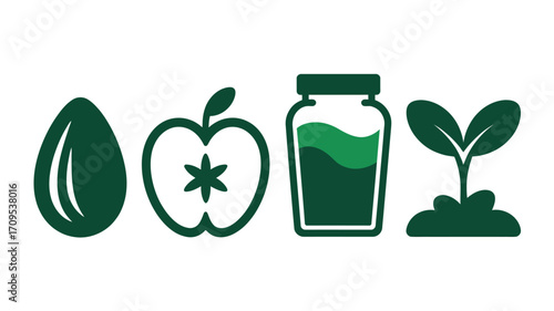 A simple illustration showing an almond, an apple, a jar of green liquid, and a small plant sprout