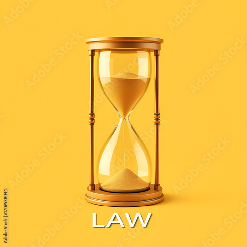 3d realistic hourglass on yellow background with place for text. Concept of law. Vintage watch with sand inside to measure time. Vector illustration in yellow colors