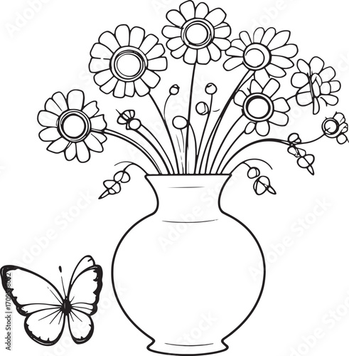Elegant flower vase illustration with butterfly, symbolizing beauty, freshness, and natural harmony