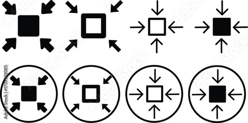 Minimize icon.Minimize icon rally compact size small scale arrows icons . shrink icon resize in arrows.minimize icon four 4 arrows icon meeting point.Minimize Icon with reflection on white background.