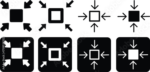 Minimize icon.Minimize icon rally compact size small scale arrows icons . shrink icon resize in arrows.minimize icon four 4 arrows icon meeting point.Minimize Icon with reflection on white background.