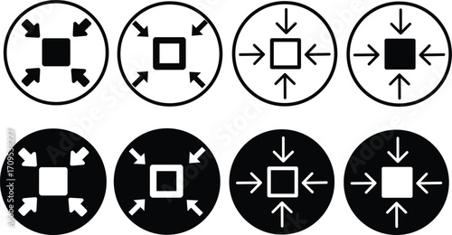 Minimize icon.Minimize icon rally compact size small scale arrows icons . shrink icon resize in arrows.minimize icon four 4 arrows icon meeting point.Minimize Icon with reflection on white background.