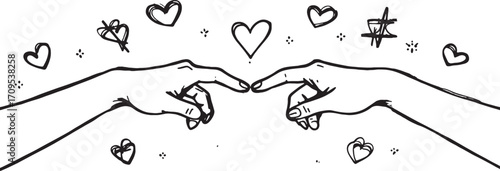 Romantic hand connection illustration with floating hearts, symbolizing love, unity, and affection