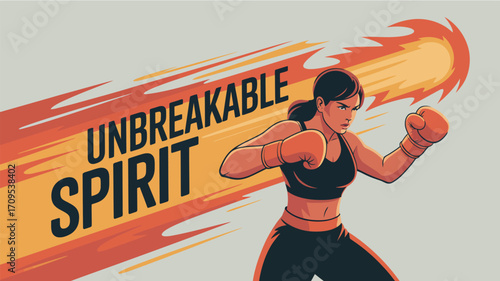 Illustration of a female boxer with an unbreakable spirit and fiery trail on a light background