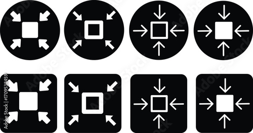 Minimize icon.Minimize icon rally compact size small scale arrows icons . shrink icon resize in arrows.minimize icon four 4 arrows icon meeting point.Minimize Icon with reflection on white background.