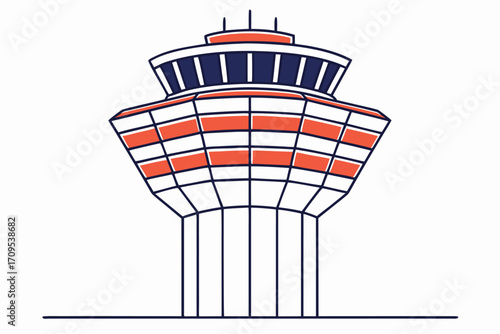 Stylized illustration of an air traffic control tower with orange and blue accents airport