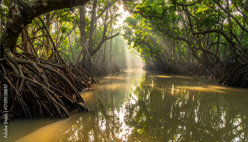 Sundarbans Mangrove Forest with Sunlight and Reflective Water