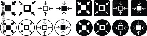 Minimize icon.Minimize icon rally compact size small scale arrows icons . shrink icon resize in arrows.minimize icon four 4 arrows icon meeting point.Minimize Icon with reflection on white background.