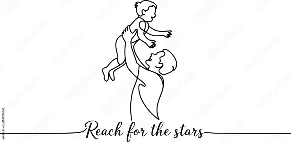 Fototapeta premium A minimalist line art illustration of a father holding his child up in the air with text below it