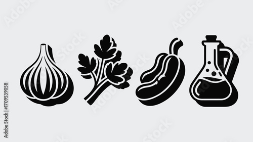 Isolated black and white vector illustration of an onion, parsley, pepper, and oil bottle icon set