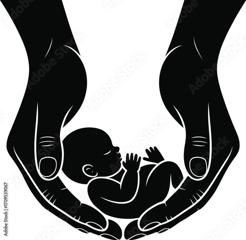 A black and white illustration of two hands cradling a newborn baby in a protective and caring manner