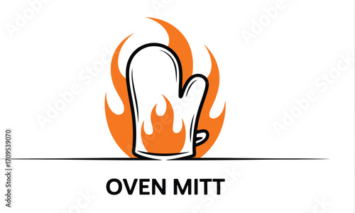 Illustration of a black outlined oven mitt with orange flames behind it on a white background