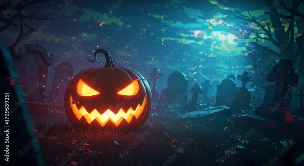 Naklejka premium Jack o lantern glowing in a spooky cemetery at night. Creepy pumpkin with glitch effect. Horror Halloween party concept.