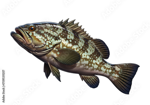 Detailed illustration of a spotted grouper fish, showcasing intricate patterns and realistic texture against a stark black backdrop.