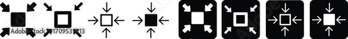 Minimize icon.Minimize icon rally compact size small scale arrows icons . shrink icon resize in arrows.minimize icon four 4 arrows icon meeting point.Minimize Icon with reflection on white background.
