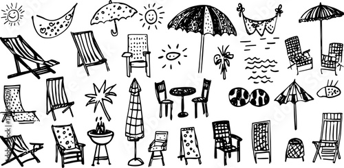 Chairs and umbrellas for summer relaxation. Simple vector illustration of outdoor furniture in a set showing beach elements.