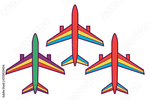 Three Colorful Airplanes Flying Together Top View aircraft aviation