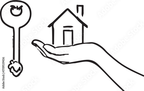 House Key in Hand Line Art | Real Estate, Home Ownership, and Property Security Illustration