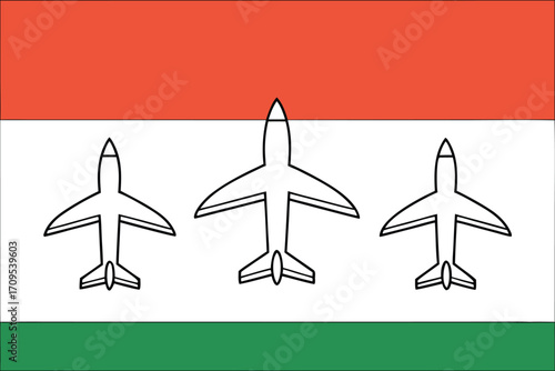 Three Outline Airplanes Flying Across Tricolor Flag Stripes Keywords: airplanes, aircraft, flight, travel