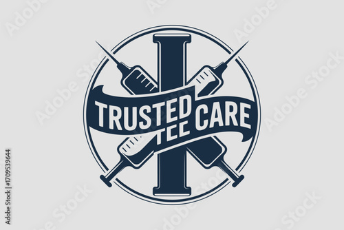 A logo featuring two syringes crossed behind a vertical bar with the words trusted care tcc on a banner