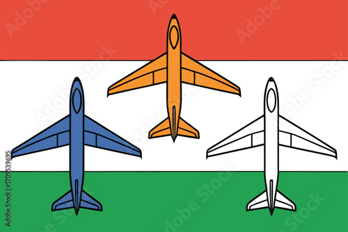 Three stylized airplanes in different colors on a striped background Keywords: airplane, aircraft, travel